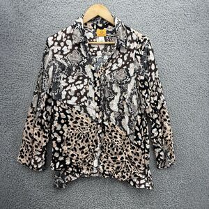 Ruby Rd. Semi Sheer Long Button Up‎ Roll Tab Sleeves Animal Print Women's Size L